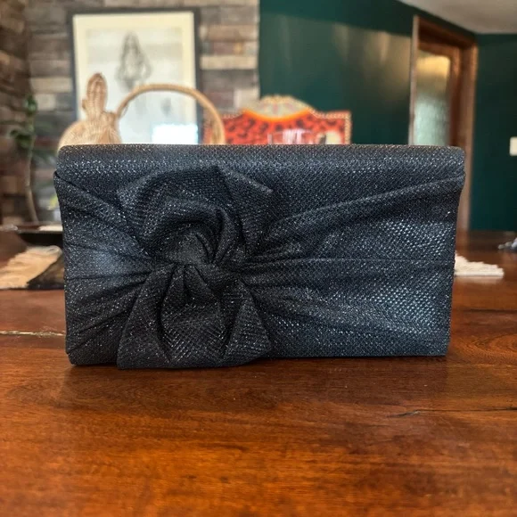 90s Elegant Black Bow Clutch Evening Bag - Picture 1 of 7